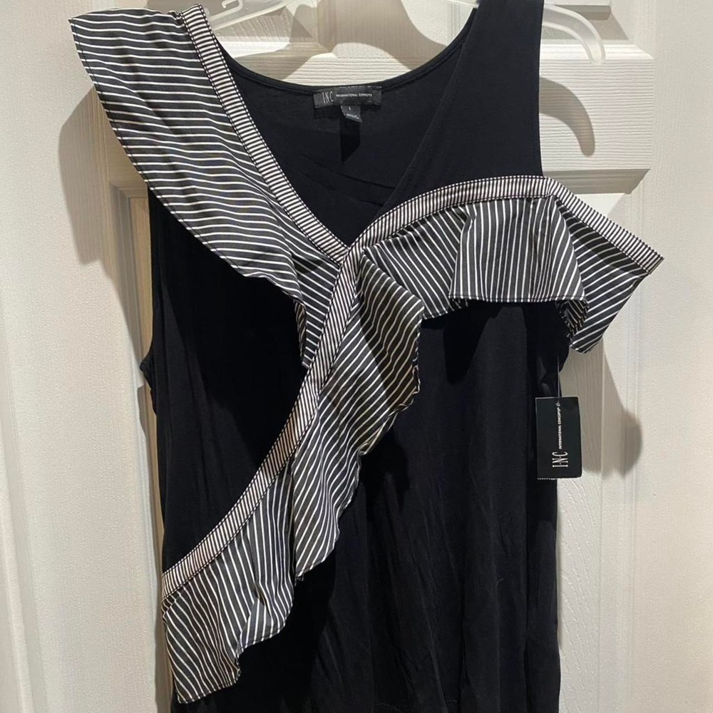 INC International Concepts Black and white striped top with ruffle detail Size L